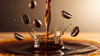 Dynamic splash of dark, rich coffee liquid with roasted beans suspended mid-air, embodying the invigorating essence and aromatic experience of fresh coffee