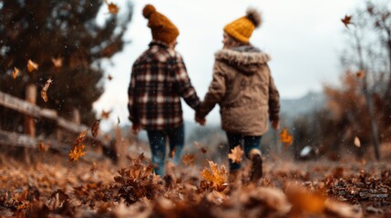 Two children are seen holding hands while walking together in a picturesque setting filled with falling autumn leaves, showcasing a moment of joy and togetherness.