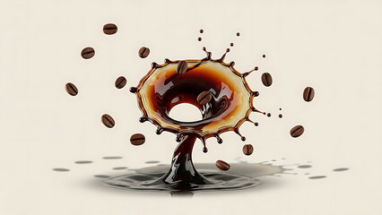 Captivating high-speed splash of rich dark coffee with floating beans