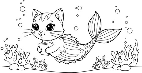 Cute cat mermaid coloring page for kids featuring a kitten with a fish tail swimming underwater with bubbles and coral. © Shopna