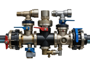 Complex brass plumbing manifold system with valves and pipes isolated with transparent background