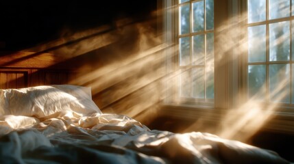 Soft sunlight streams through a window into a cozy, unmade bed, creating a peaceful ambiance that represents comfort, relaxation, and the warmth of home during morning hours.