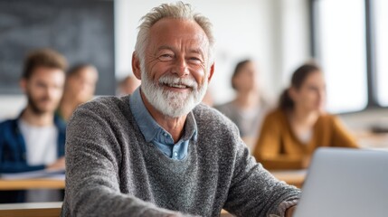 Education training class. Knowledge learning improvement study. A man with a white beard and gray sweater seated at a table in a classroom, smiling while using a laptop.