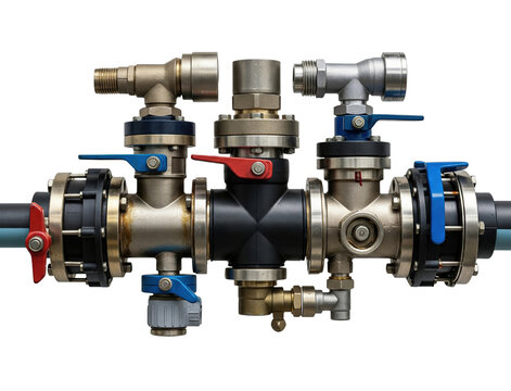 Complex brass plumbing manifold system with valves and pipes isolated with transparent background