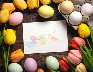 Artistic Easter composition with pastel eggs, tulips and a watercolor floral card on rustic wooden background. Cozy spring still life combining handmade art and holiday decor.