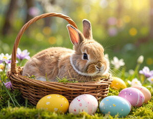 Adorable bunny relaxing in a wicker basket surrounded by colorful Easter eggs in blooming spring grass. Peaceful holiday scene with soft light and natural background.