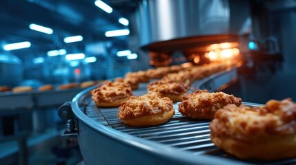 A dynamic view of freshly made donuts moving along a bakery production line, illuminated by soft industrial lighting, emphasizing the efficiency and allure of food production.