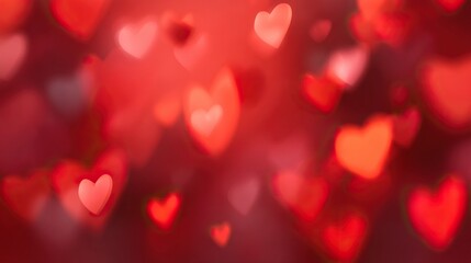 Heart-shaped bokeh lights with a blurred pink-red gradient background, designed for Valentine's Day celebrations, romantic love concept banner template.