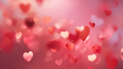 Heart-shaped bokeh lights with a blurred pink-red gradient background, designed for Valentine's Day celebrations, romantic love concept banner template.