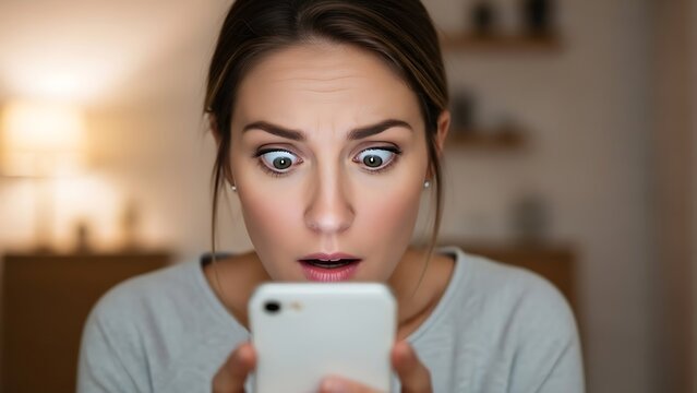 Woman's shock and surprise face while looking at smartphone screen