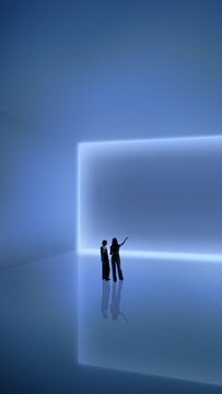 Abstract composition with two people pointing at glowing wall. Concept of collaborative planning, brainstorming sessions, consulting presentations, business workshops and innovation strategy.