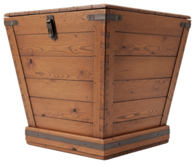 Large brown wooden storage chest box with metal latch isolated with transparent background