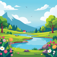 Obraz premium Vector illustration of a summer landscape with a green meadow, river, and lake under a sunny sky with clouds and mountains