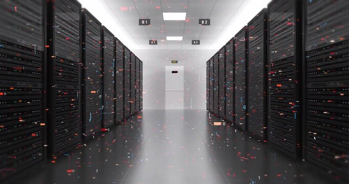 High-Tech Server Racks in Advanced Data Center Slow Forward 4K. Technology Related 3D Animation.