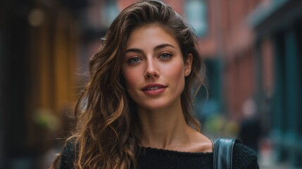 Portrait of a stunning woman with wavy hair, smiling confidently towards the camera, while blurred backdrop suggests a bustling city street. 