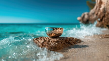 A sleek, shiny bowl rests on a rugged coastal rock, with waves gently lapping at its edges, showcasing an artistic balance between nature and human-made elements.