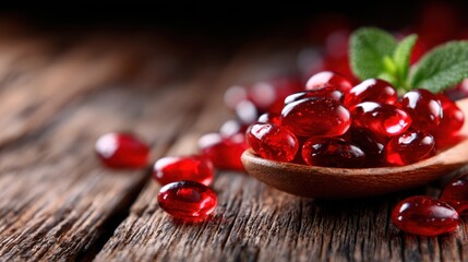 A close-up image showcasing a heap of glistening red gummies in a wooden spoon, capturing the sweetness and vibrant colors of a delightful confectionery treat.