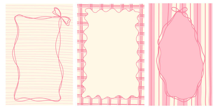 Pink and beige retro, vintage hand drawn abstract backgrounds with whimsical frames. Italian style patterns with strips, checkered and plaid. Pastel colors abstract vector design bg.