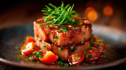 A beautifully presented gourmet dish featuring stacked savory ingredients, garnished with fresh herbs and tomatoes, embodying culinary art and the pleasure of fine dining experiences.