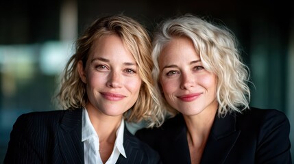 A close-up portrait of two smiling women dressed in business attire, radiating confidence and camaraderie, representing empowerment, professionalism, and positive human connections.