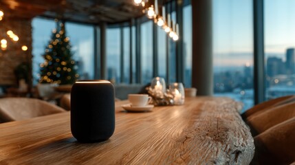 A sleek smart speaker sits on a rustic wooden table in a contemporary café, highlighting the blend of technology and cozy ambiance in urban life.