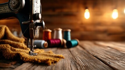 An aesthetically pleasing close-up of a vintage sewing machine amidst colorful spools of thread, evoking a sense of creativity, craftsmanship, and nostalgia in sewing.