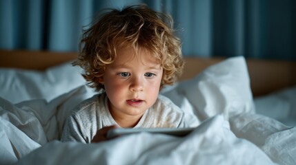 A young boy intensely focused on a tablet in bed, highlighting the modern childhood experience and the impact of technology on leisure and development in home environments.