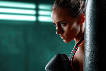 Focused woman boxer training with black glove, punching heavy bag in gym, determination and strength in intense workout