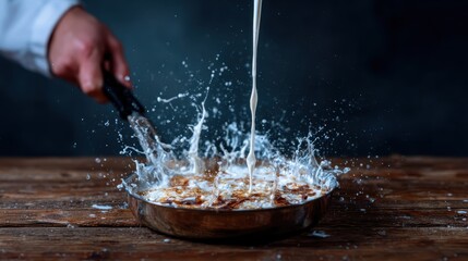 A dynamic scene captures a chef expertly pouring milk into a sizzling pan, creating a visually stunning splash, embodying the art and excitement of culinary creativity.