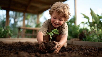 A cheerful young child is seen planting a seedling in rich, dark soil, embodying innocence and joy while fostering a connection to nature and the environment with a smile.