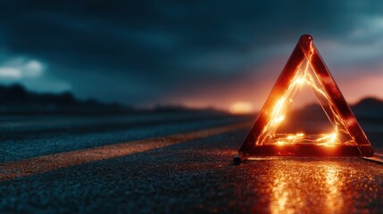 An illuminated warning triangle stands on a lonely road at dusk, highlighting the importance of safety and caution in low visibility driving conditions during potential driving hazards.