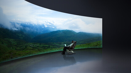 Futuristic composition with person working beside curved nature screen. Concept of immersive retreat space, simulated natural presence, hybrid office mindset, focused mental separation.