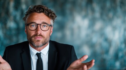 A thoughtful businessman gestures to convey confusion while dressed in formal attire, set against a textured blue backdrop, highlighting emotional nuances in corporate settings.