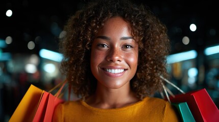 A cheerful young woman grins widely while holding colorful shopping bags, highlighting a joyful shopping experience in a bustling retail setting aimed at conveying happiness and excitement.