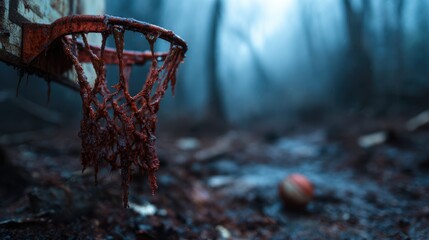 An eerie abandoned basketball hoop rusts in a fog-laden forest, symbolizing lost dreams and isolation in a nature-dominated environment, evoking a sense of nostalgia and melancholy.