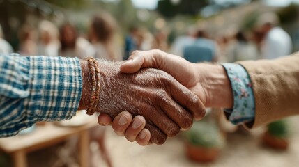 Two hands from diverse backgrounds clasp in a handshake, symbolizing unity and friendship amidst a vibrant outdoor gathering, embodying connection and mutual respect between cultures.