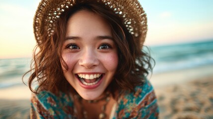 A cheerful girl wearing a straw hat smiles brightly at the beach, capturing the essence of joy, summer, and carefree moments amidst a stunning ocean backdrop.