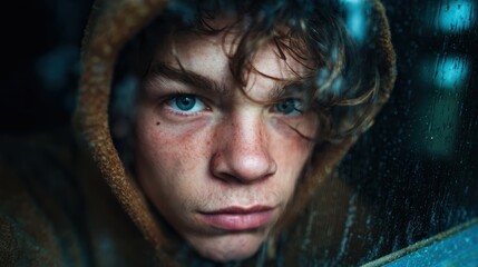 A close-up portrait of a young man with curly hair looking contemplative behind a rain-speckled window, reflecting deep emotions and poignant thoughts in a moody atmosphere.
