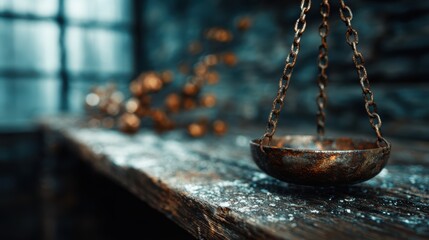 A vintage scale sits on a rustic wooden table, showcasing the beauty of aged materials and evoking a sense of nostalgia and the beauty of past craftsmanship in everyday objects.