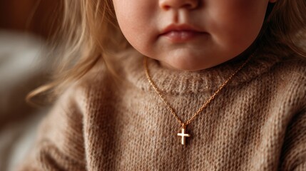 A close-up image of a young child with soft features, wearing a golden cross necklace that adds a touch of innocence and warmth to the adorable expression on their face.