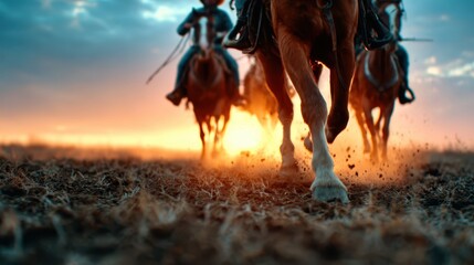 A dynamic image capturing the powerful movement of horses and cowboys as they gallop through the dusty terrain, framed by a beautiful sunset in the background.