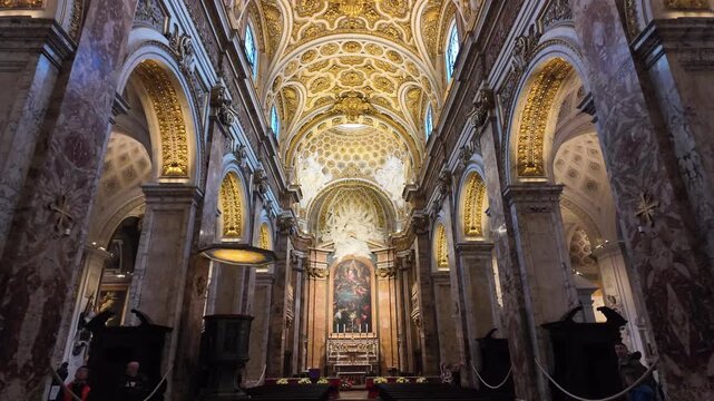 Interior of San Luigi dei Francesi Baroque church in Rome, Slow Motion