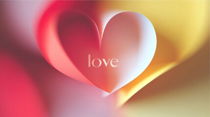 Heart shape and love word on blurred gradient color background for Valentine's Day concept in minimalist 3D rendering vector graphic design.
