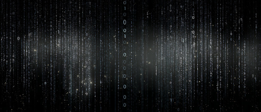 Digital rain of binary code with vertical streams and glowing effect.