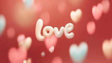 Heart shape and love word on blurred gradient color background for Valentine's Day concept in minimalist 3D rendering vector graphic design.