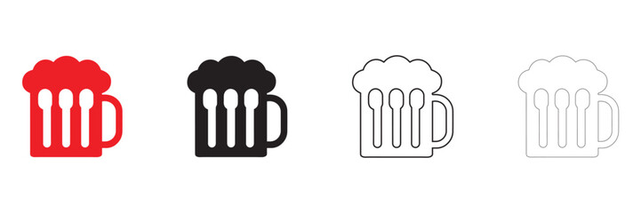 beer mug icon vector set, overflowing beer drinking vector, silhouette and line art
