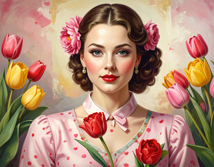 Elegant illustrated portrait of a young woman surrounded by colorful tulips and soft pastel tones. Symbolic spring artwork celebrating femininity, beauty and International Womens Day.
