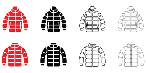 puffy jacket outerwear icon vector set, winter clothing jacket vector, silhouette and line art