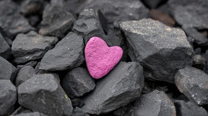 Pink heart-shaped pebble nestled among dark gray rocks, symbolizing the simplicity and beauty of love found in natural surroundings with organic textures and earthy tones.