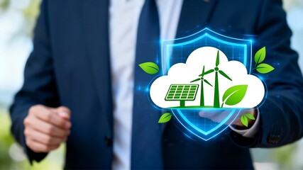 Business professional presenting a secure cloud computing concept combined with renewable energy symbols such as solar panels and wind turbines. Digital shield overlay represents data protection, cybe